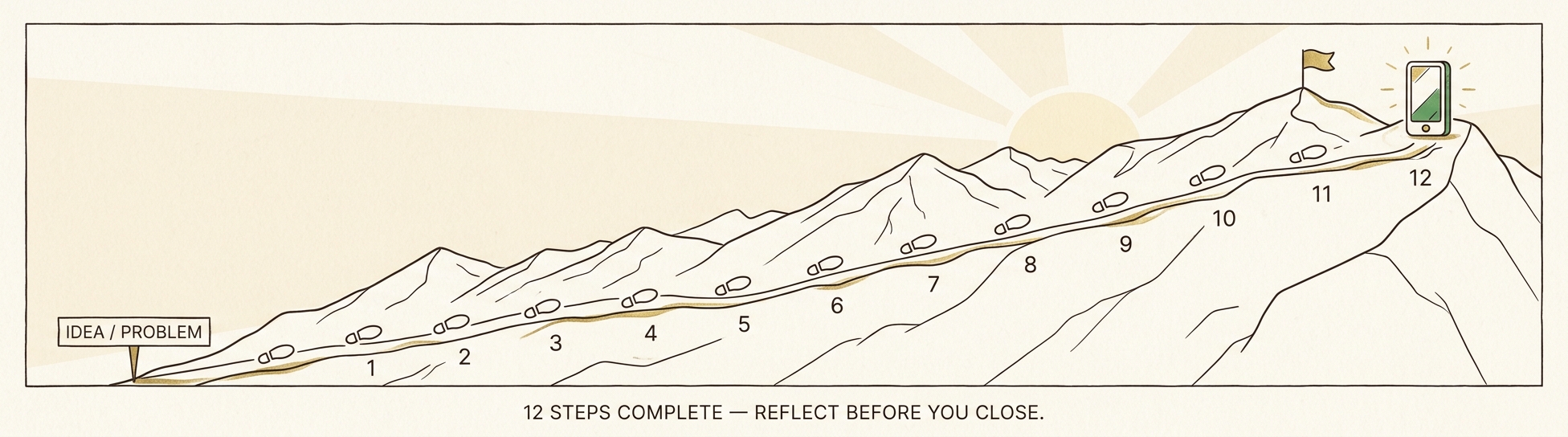 A mountain with 12 numbered footprints rising from 'IDEA / PROBLEM' to a summit flag — 12 steps complete, reflect before you close